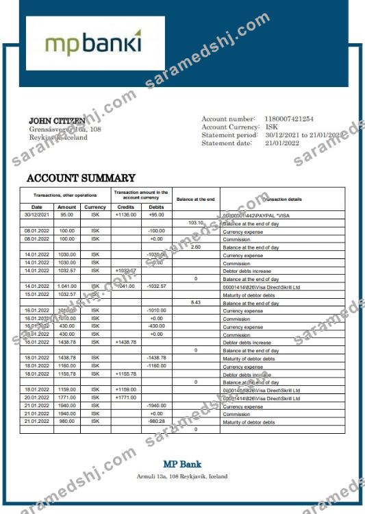 Iceland MP bank statement